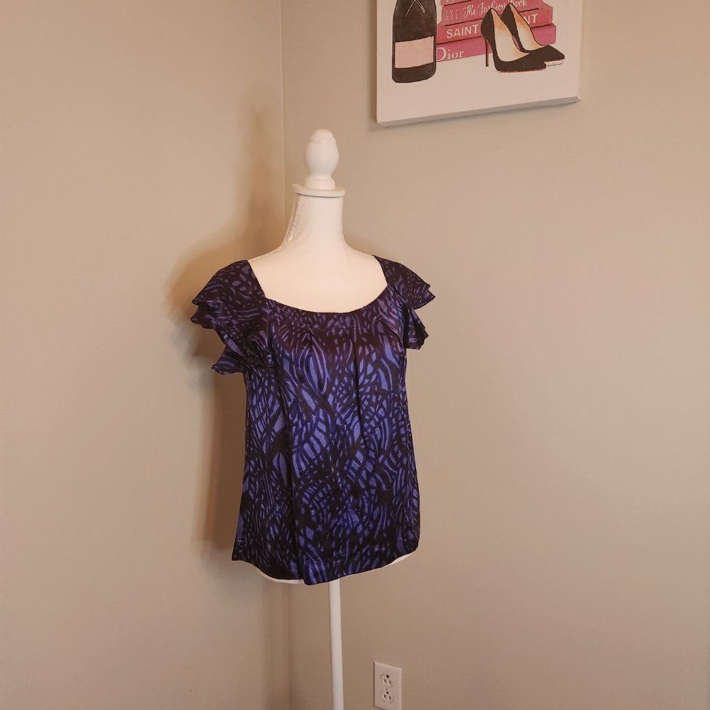 Banana Republic Purple and Black Silk Flutter Sleeve Blouse - Picture 2 of 9